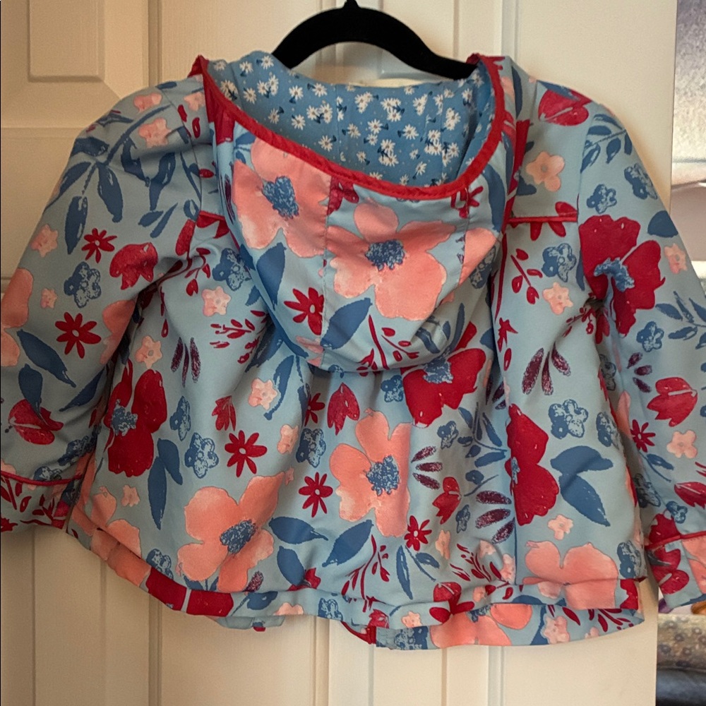 Matilda Jane Light Blue Floral Hooded Raincoat with Red Accents - Picture 4 of 4